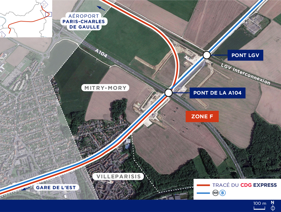 Zone F du tracé du CDG Express où se trouve le raccordement vers l'aéroport Paris-Charles de Gaulle 2.