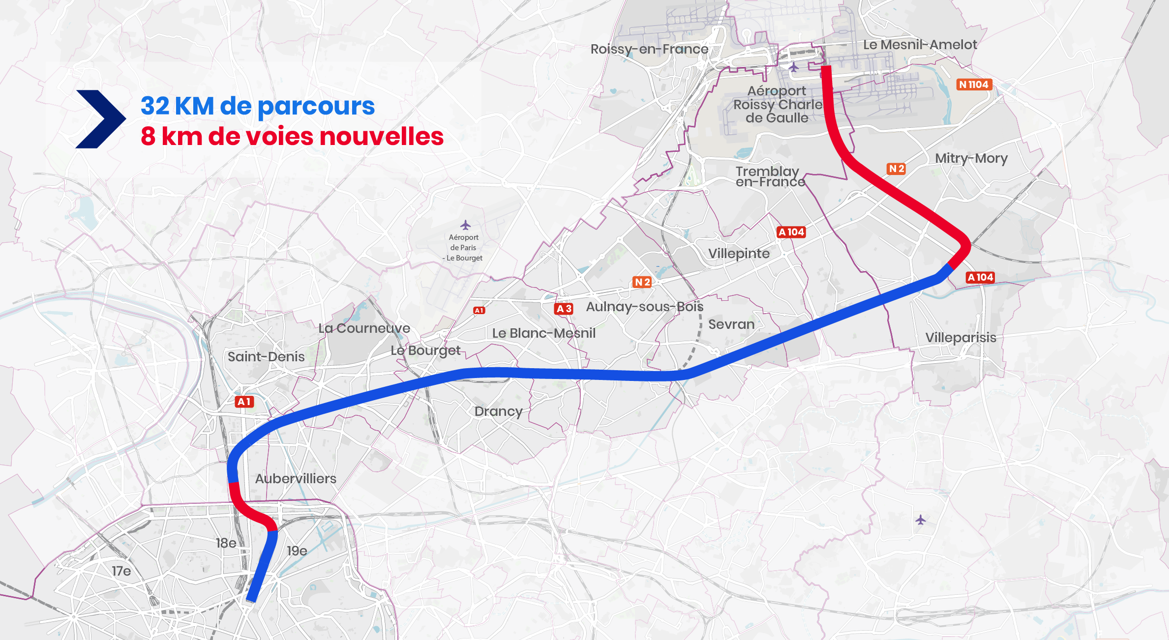 Tracé du CDG Express permettant de relier la gare de Paris-Est à l'Aéroport Paris-Charles de Gaulle 2