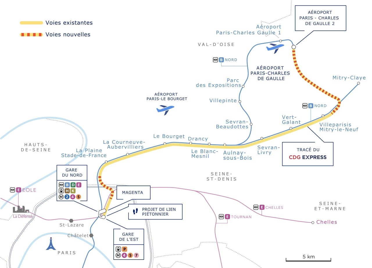 Tracé du CDG Express permettant de relier la gare de Paris-Est à l'Aéroport Paris-Charles de Gaulle 2
